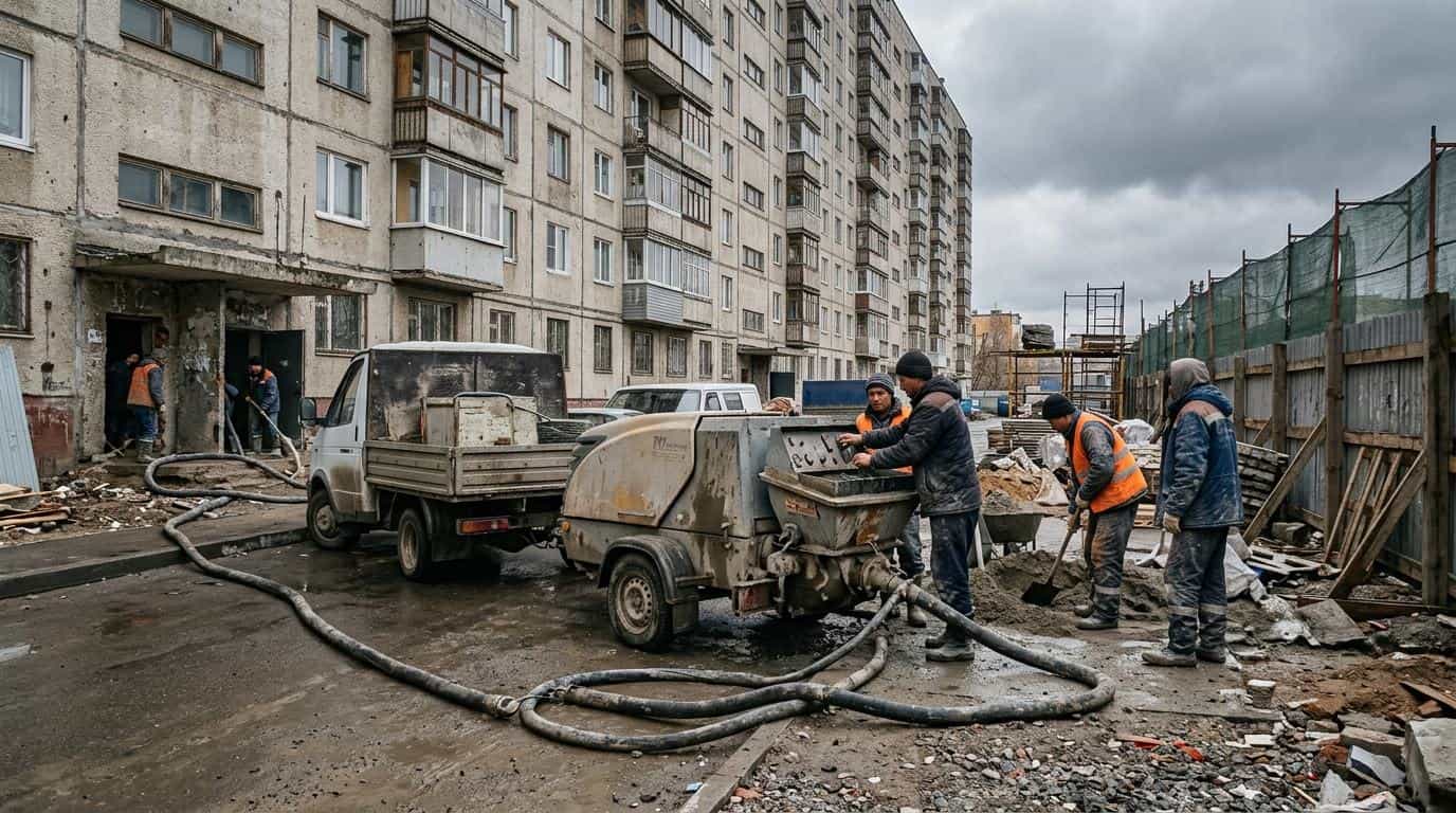 Бригада подаёт полусухую смесь пневмонагнетателем на объекте в Санкт-Петербурге